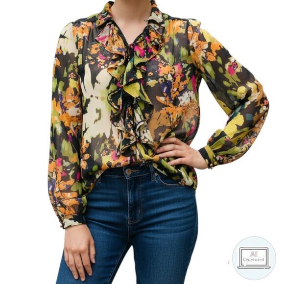 Cabi Womens Tie Front Blouse Ruffle Top Multicolor Floral Semi-Sheer Size M - Picture 1 of 16